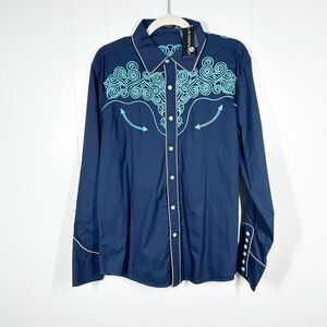 NWT Coofandy Blue Western Embroidered Long Sleeve Button Down Medium